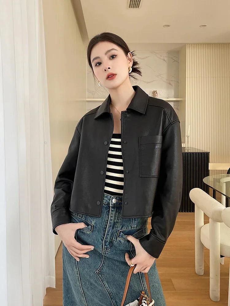 Luxury Simple Women\'s Sheepskin Coat Spring 2024 New Fashion Casual Short Genuine Leather Shirt Jackets jaqueta feminina