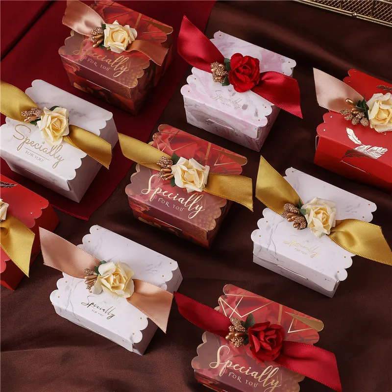 10/20/50pcs Specially for You Gift Boxes Wedding Souvenirs Blue Ribbon Artificial Flower Square Cardboard Box for sugared almond