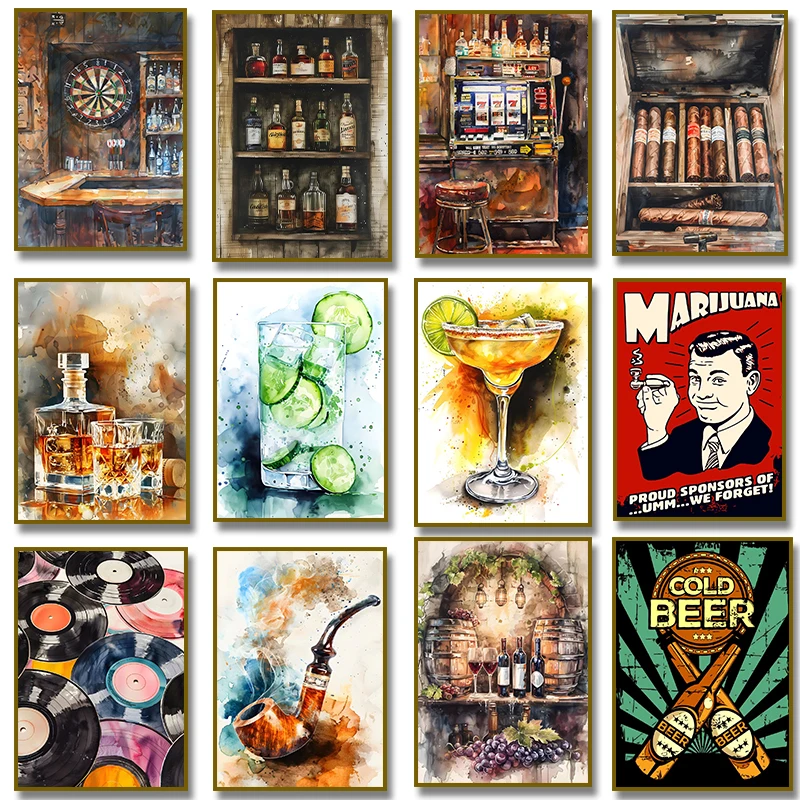 Watercolor Cigar Beer Vinyl Cocktail Coffee Wine Margarita Poster Wall Art Canvas Painting for Bar Club Decor Cuadros