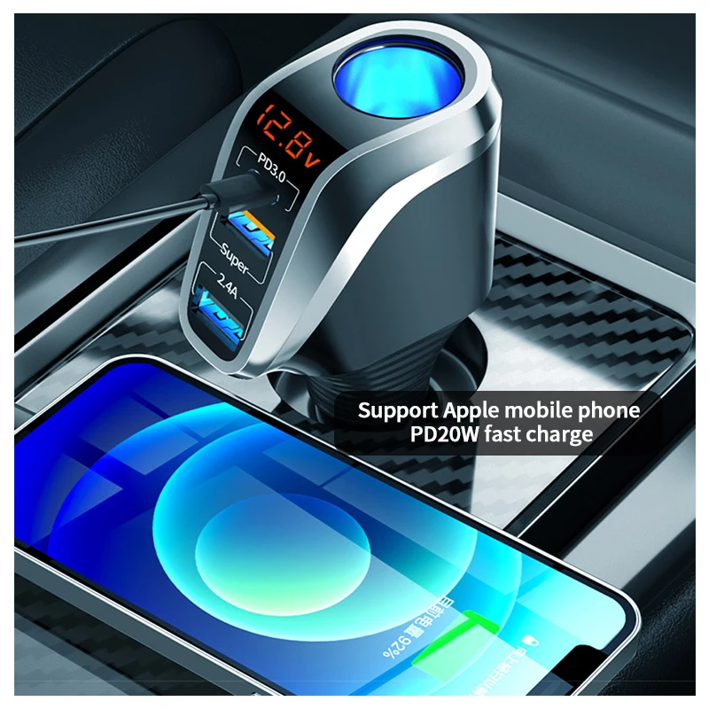 SEAMETAL 188W Car Charger High Power Fast Charging QC3.0 Phone Charger 3-Port USB Charger for iPhone/iPad/Samsung/Xiaomi/Huawei