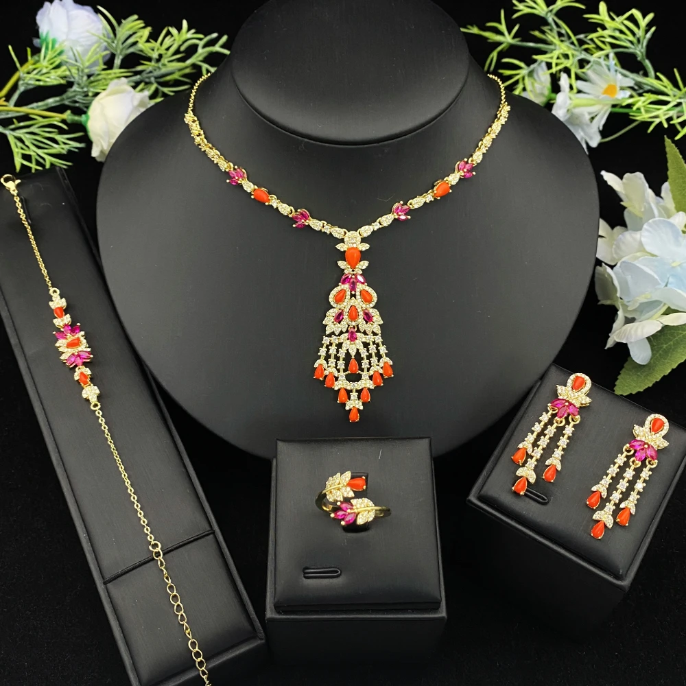 

Falair Nigeria Style Gold-Plated Artificial Zircon Woman Jewelry Set Crafted Bracelet Ring Necklace Earrings for Festival