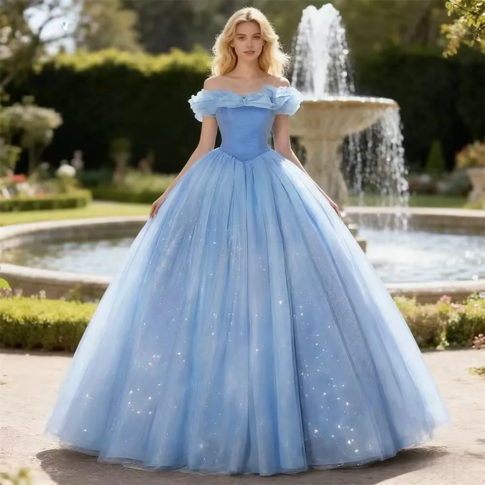 

Blue Princess Glitter Tulle Prom Dresses Puff Long Party Prom Gowns Lace-up Closure Adjustable Waist Sweet 15 Quinceanera Dress