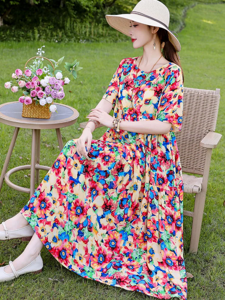 Ele Summer Cotton Silk Young Sle Thin ort Sve Beach Dr Classy Mom Dr Floral Print Loose Waist H-ape Gown