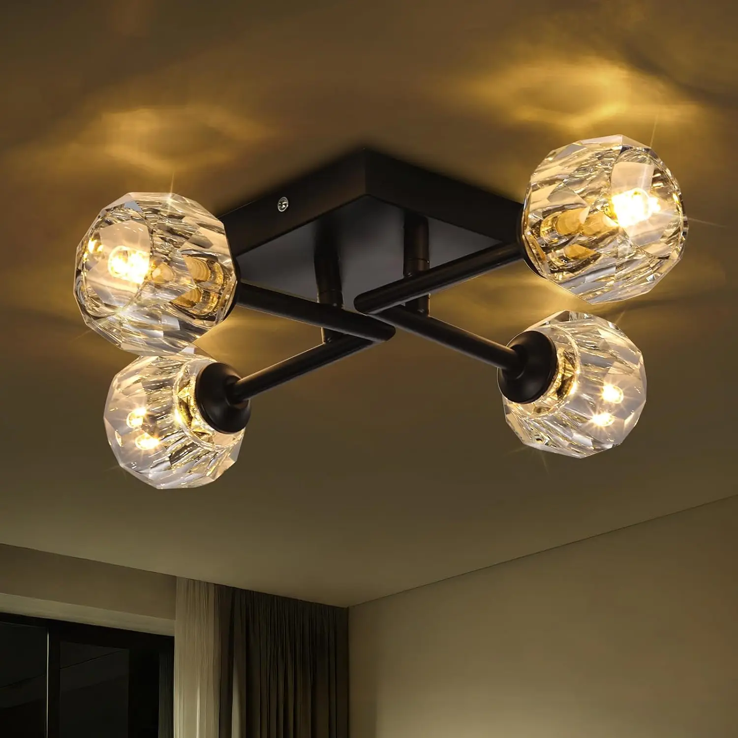 Sputnik Chandelier Black Crystal 4-Light Semi Flush Mount Ceiling Light Fixture Industrial Chandelier for Kitchen, Bedroom, Living Room, Hallway, G9 Bulb (Round Crystal Shade)