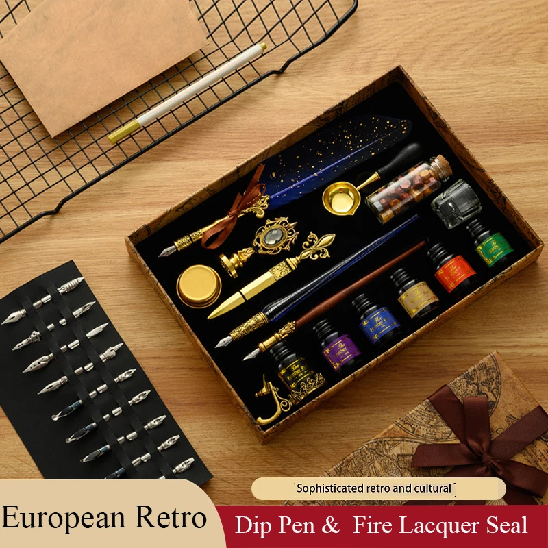 European Style Quill Pens Set 펜 Glass Pen With Ink New Retro Dipping Quill Pen Lacquer Seal Student Dip Pencil Feather Pen Gifts