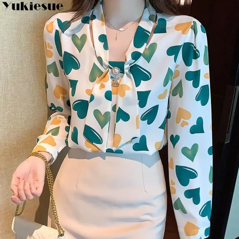 

Женские весенне-летние дизайнерские темпераментные рубашки, женская шифоновая рубашка, модная повседневная рубашка с длинным рукавом и принтом в форме сердца