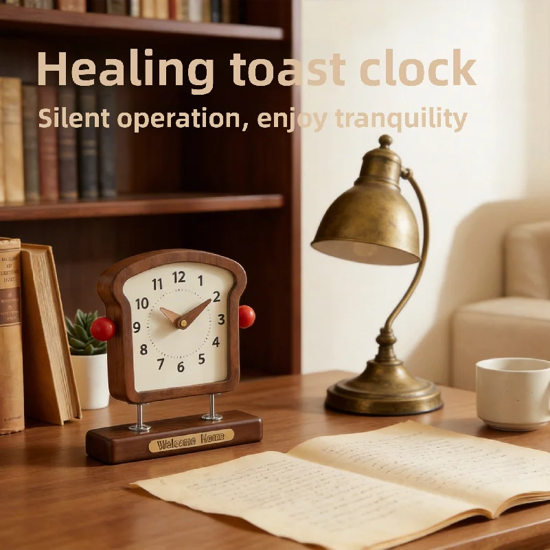 

Toast Clock Cute Creative Solid Wood Bread Wall Clock Decoration Household Cherry Wood Black Walnut Log Style Wall Decoration