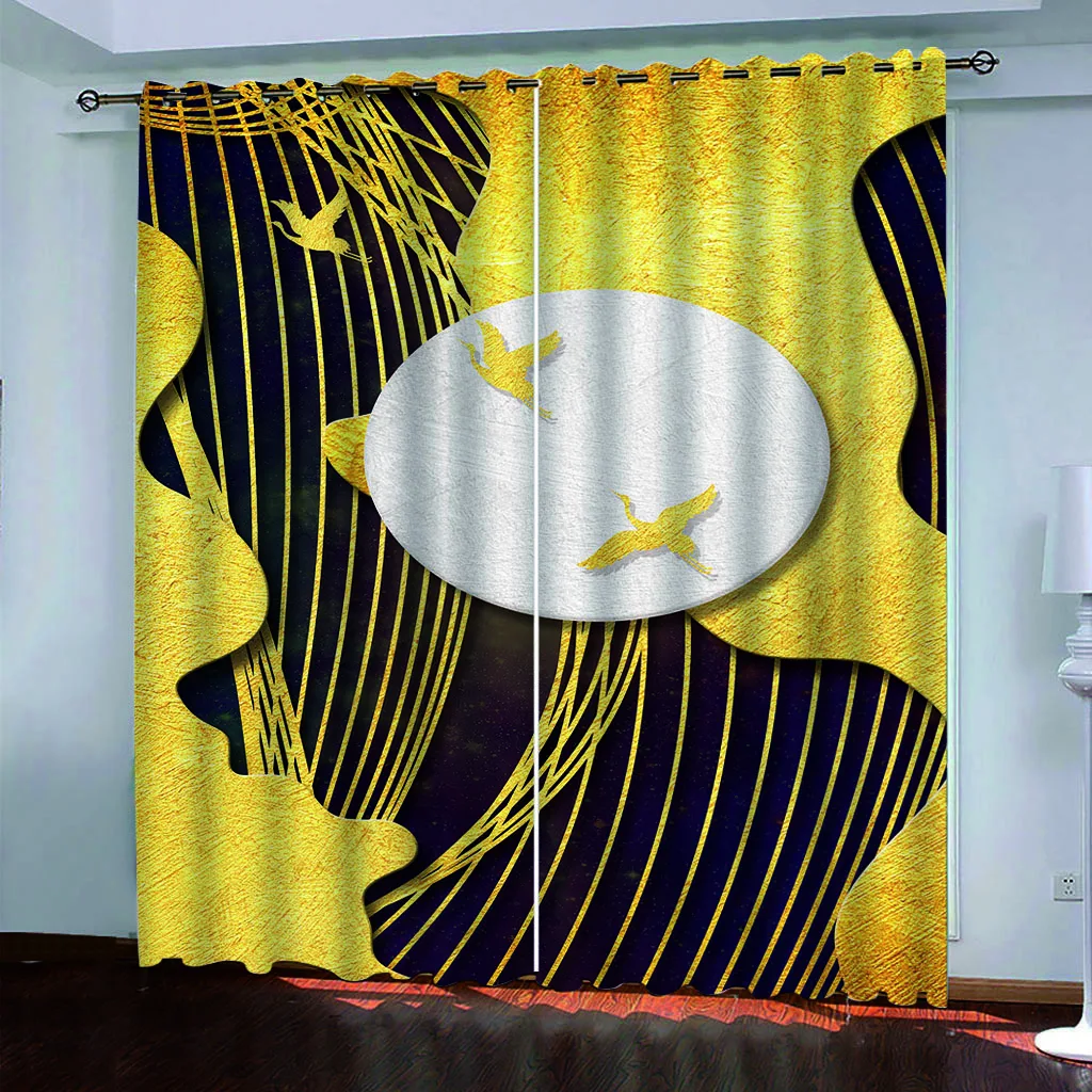 Living Room Curtains 2 Pieces Fashion 3D Gold Art Bird Print Window Blackout Curtains For Bedroom Decoration Hook