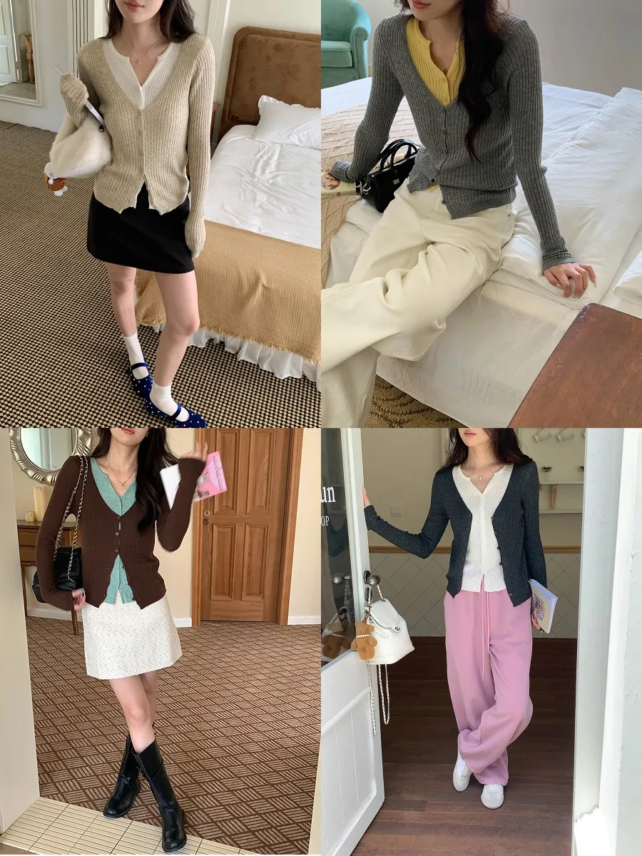 

Korobov Autumn Elegant Temperament Fake Two Piece V Neck Long Sleeve Slim Knitted Cardigan
