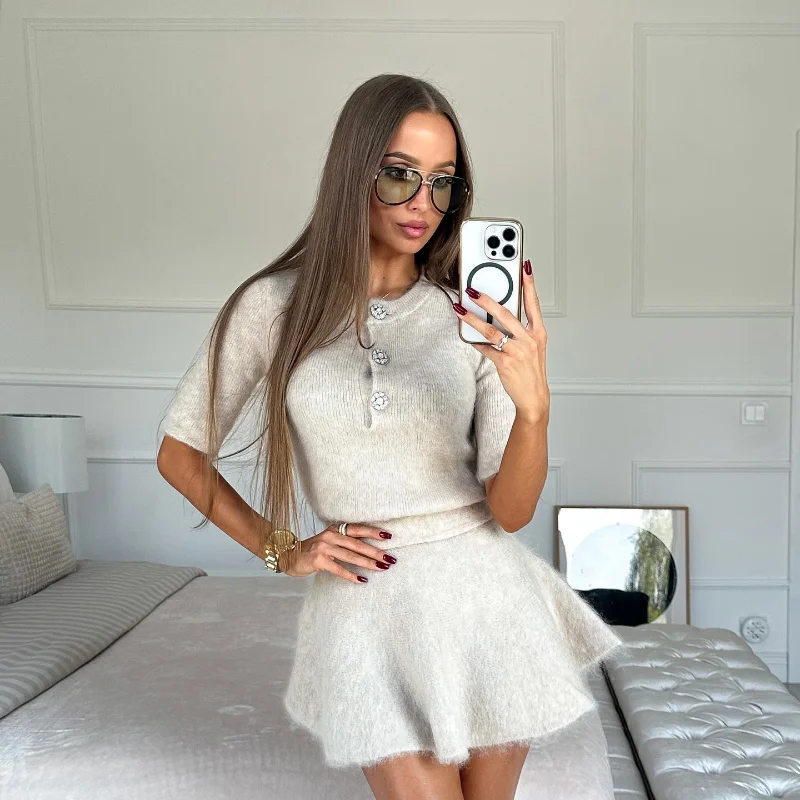 Chic Elegant Knitted Top Half Sleeve Slim Solid Mini Skirt Sets O Neck Button 2 Piece Female Suits 2024 New Lady Top Skirt Suits