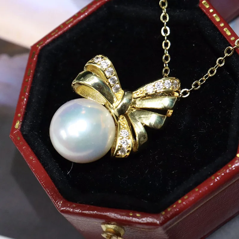 Bowknot Freshwater Pearl Pendant 10-11mm Perfect Round Slightly Flawed Light Luxury Collarbone Chain Ins Internet Celebrity Neck