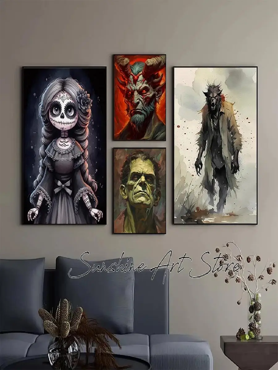 Horror Creepy Halloween Ghost Dracula Jack Doll Gothic Haunted House Canvas Painting Wall Art Decor for Home