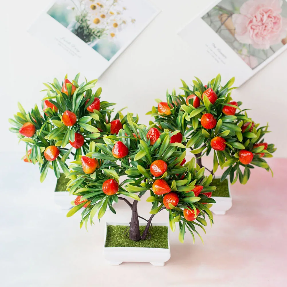 

Simulation Strawberry Bonsai Artificial Fruit Tree Decor Faux Plant Desktop Office Living Room Easy Care Cleaning Small