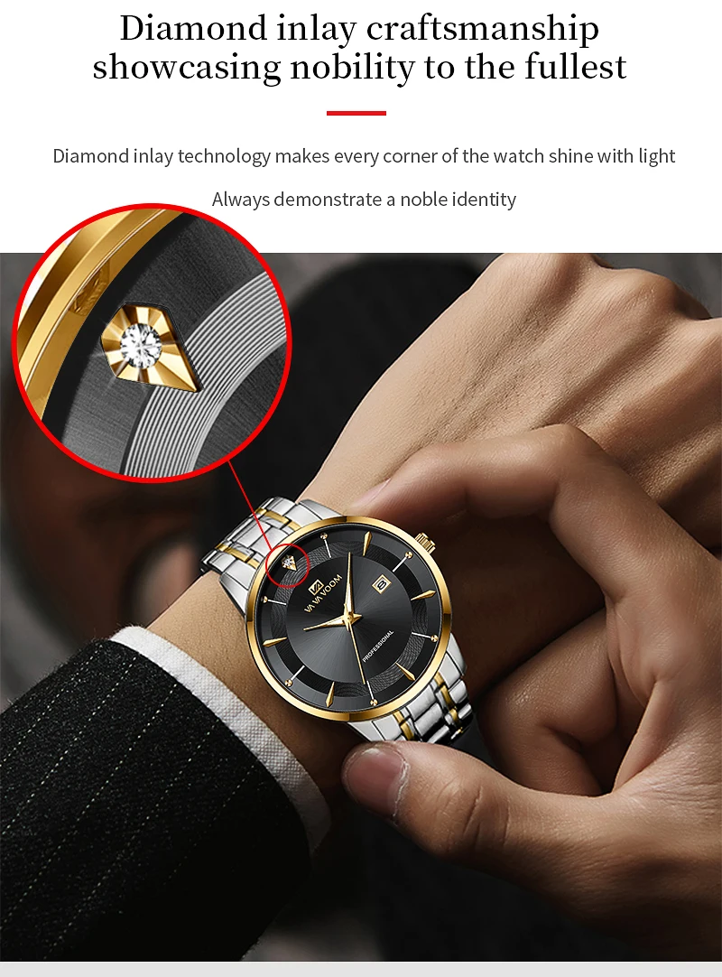 Herrenuhr 43mm Gehäuse Edelstahl-Stil Luxus Strass 3Bar Wasserdicht Quarzwerk Business-Uhren Relogios Masculino – Detail 8
