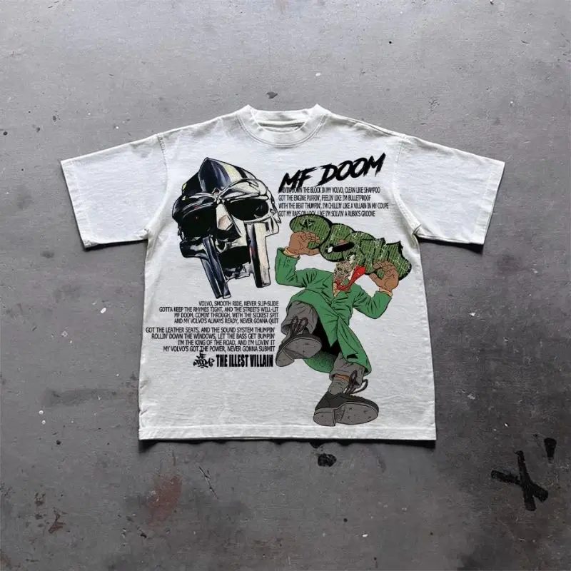 أفتح الزي الفريد المحبوب من قبل الأزياء الجرافيك تي شيرت خمر Illest الشرير Mf Doom نمط مطبوعة القطن الرجال تي شيرت