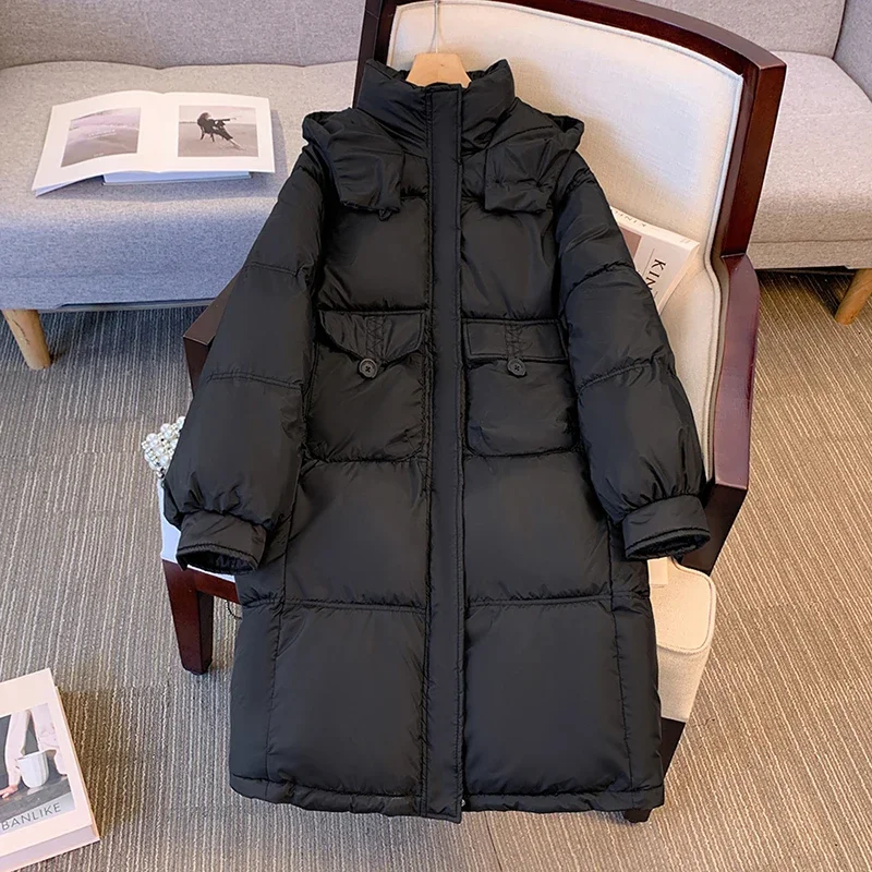 Bomon Korean Solid Color Down Padded Jacket 2024 Winter Coat Women's Fashion Mid-Length Over The Knee Thickened Padded Jacket