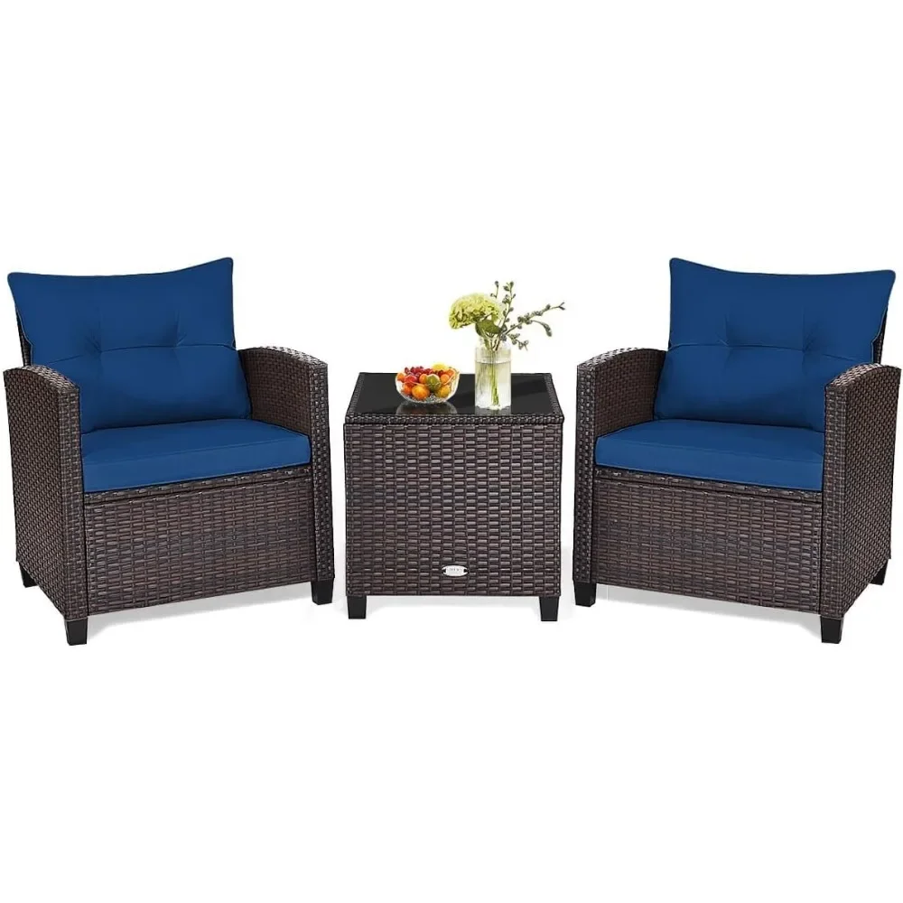

3 Pieces Patio Conversation Set, Outdoor Furniture Set PE Rattan Sofa Set with Removable Cushions, PE Wicker Chairs