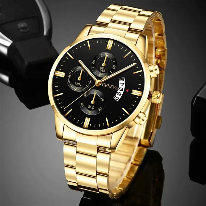 3PCS Set Fashion Mens Calendar Watches Luxury Men Business Gold Stainless Steel Quartz Watch Male Necklace Bracelet Wristwatch