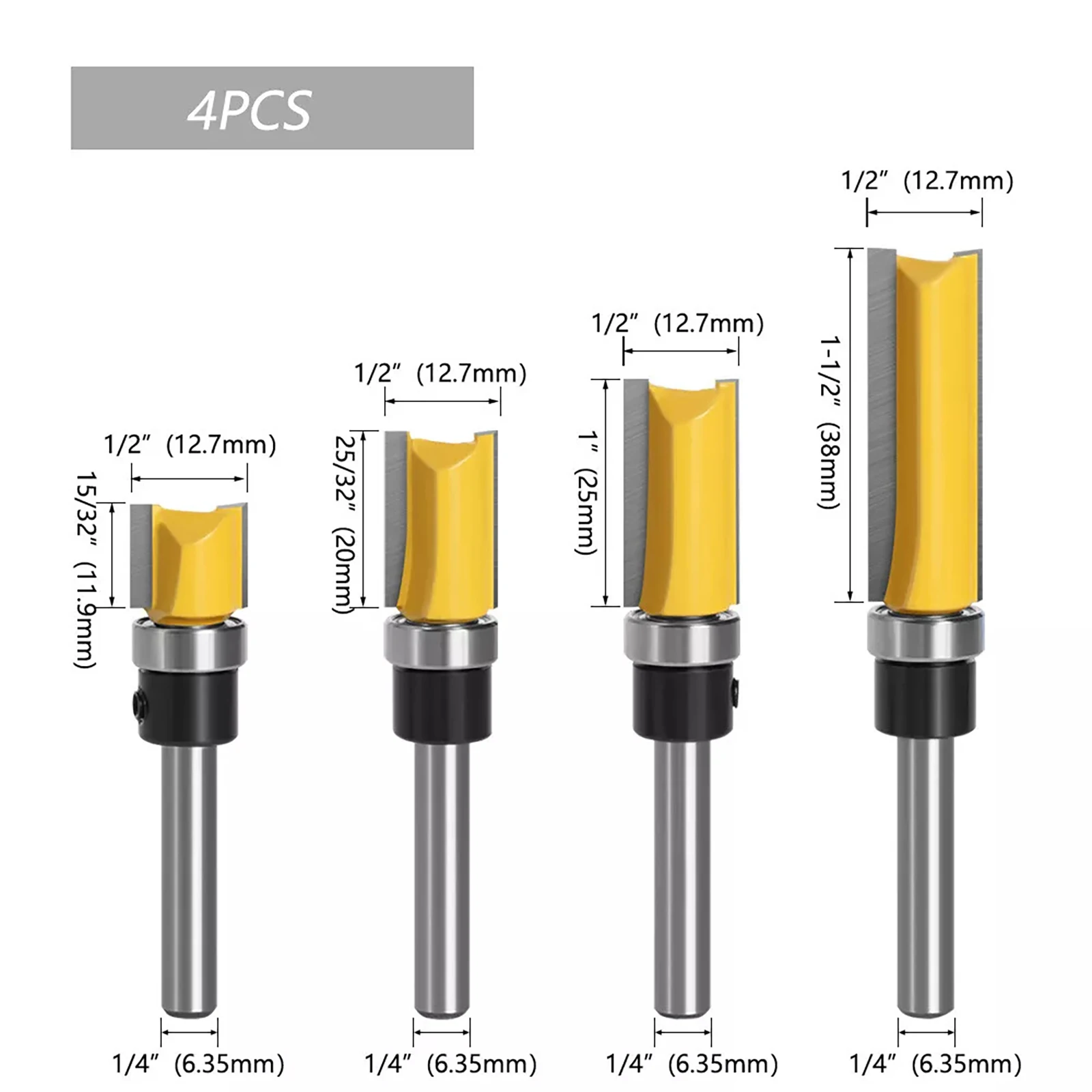 4Pcs/Set 1/4 inch Shank Flush Trim Router Bit Set Woodworking Milling Cutter For Wood Router Bits Contour Bearing Trimming Tools