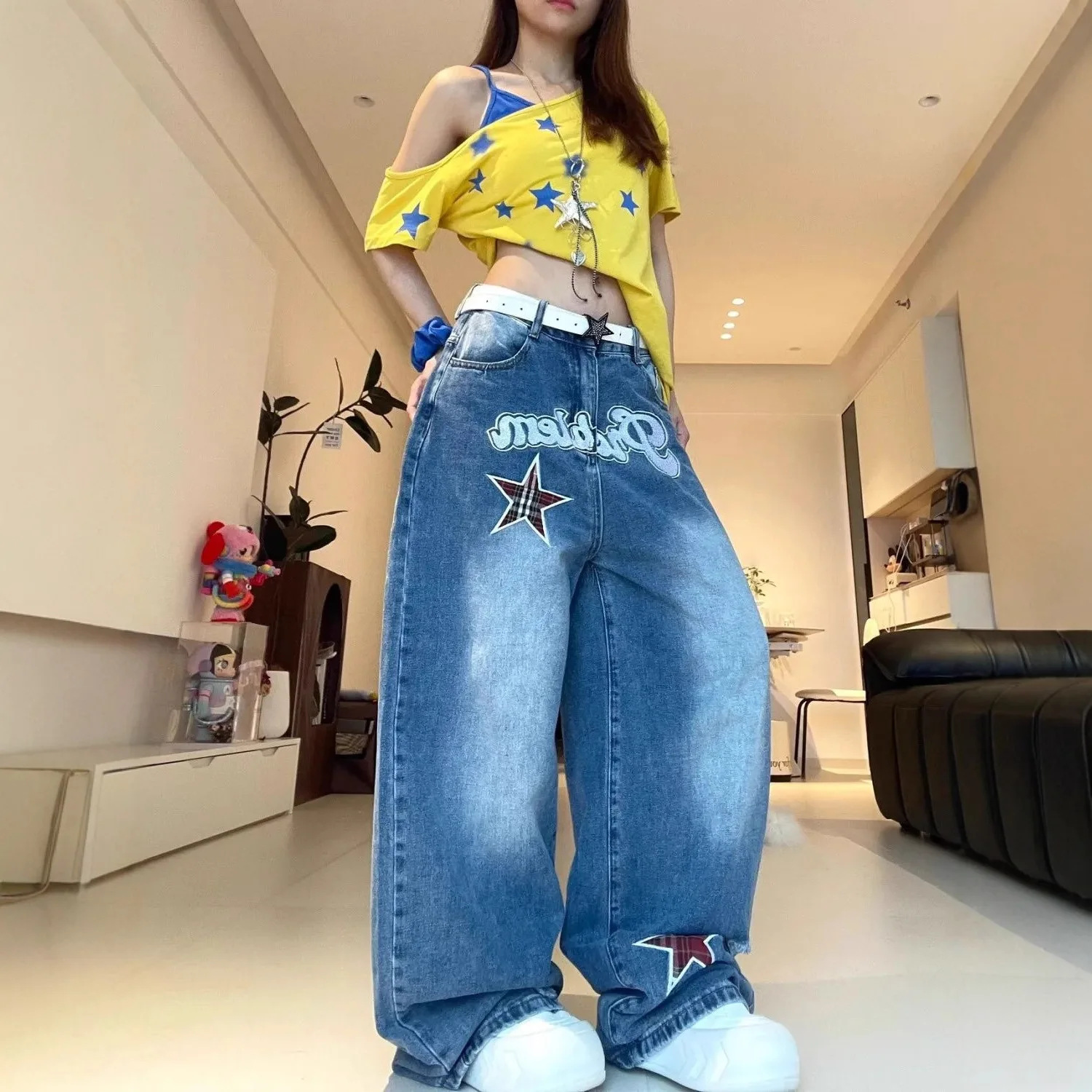 

American Retro Patchwork Letter Star Knife Jeans High Waist Tight Fit No Stretch Faded Pink Denim Fabric Folded