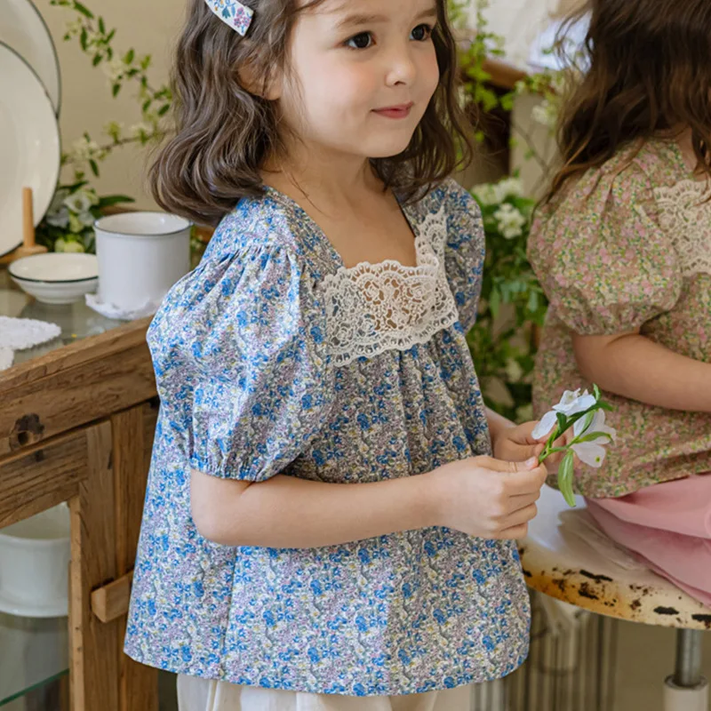 

2025 Summer Style European Fashion Children's Clothing Baby Girls Blouses Color Retro Lace Bubble Sleeve Short Sleeve Shirt