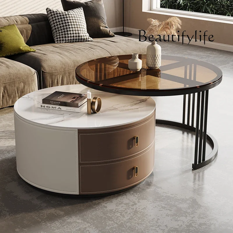 Light luxury saddle leather rock slab coffee table small apartment modern simple size round retractable living room home