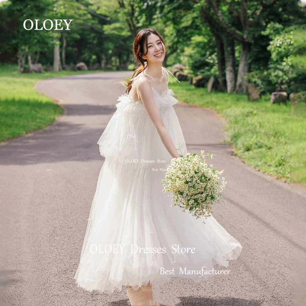 OLOEY Simple Korea Ivory Wedding Dress A Line Soft Tulle Bridal Gown Sleeveless V Neck Spaghetti Straps Ankle Length 웨딩드레스