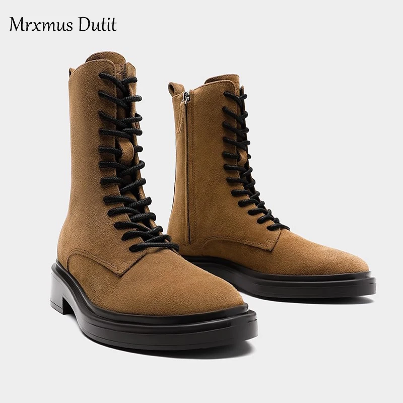 Mrxmus Dutit  2023 Autumn Winter Fashion New Women Genuine Leather Lacing Flat Short Boots Round Head Simple Casual Short Female