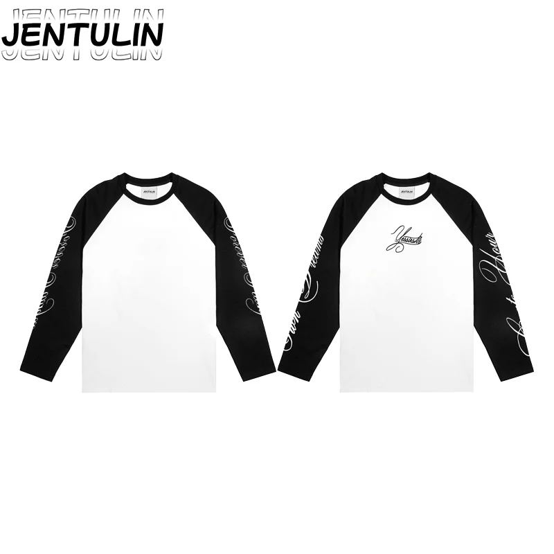 Herren Schwarz-Weiß Gespleißtes Langarm-T-Shirt mit Aufdruck Koreanische Damenmode Pullover High Street Bequemes Atmungsaktives Oberteil