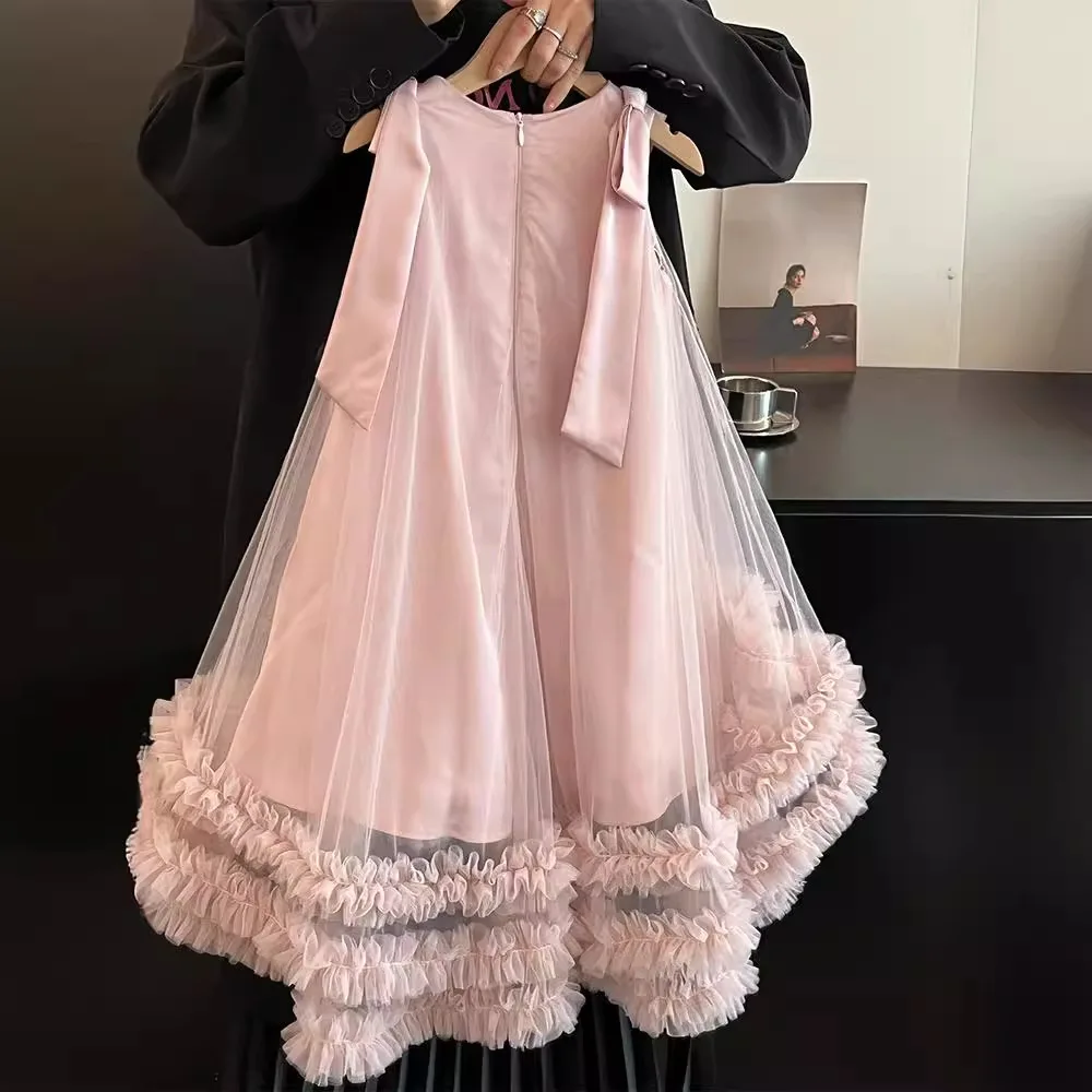 Luxury Girls Princess Children Pink Bow tutu Wedding Gown Sleeveless Kids Dresses baby infant Birthday Party Cake Dress