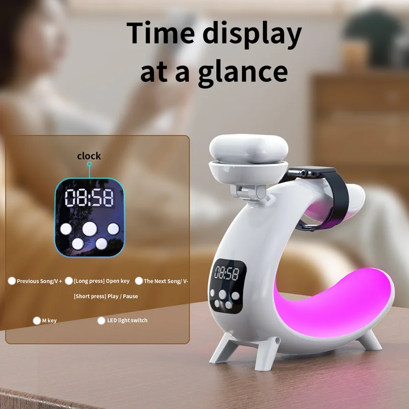 Multifunctional Magnetic Wireless Charger Alarm Clock Speaker RGB Night Light Charging Station for Iphone 11 12 13 14 15 Samsung