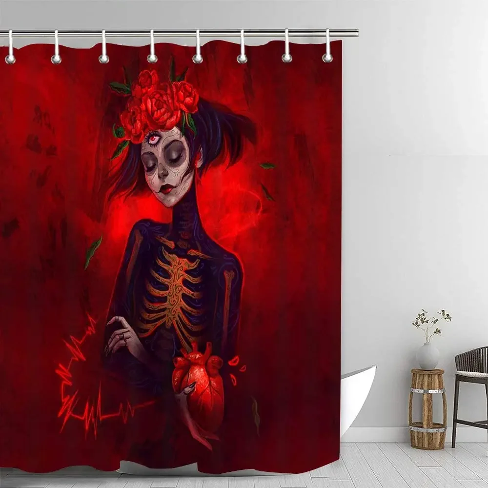 Sugar Skull Red Rose Flower Funny Skeleton Girl Clown Fabric Bathroom Curtain