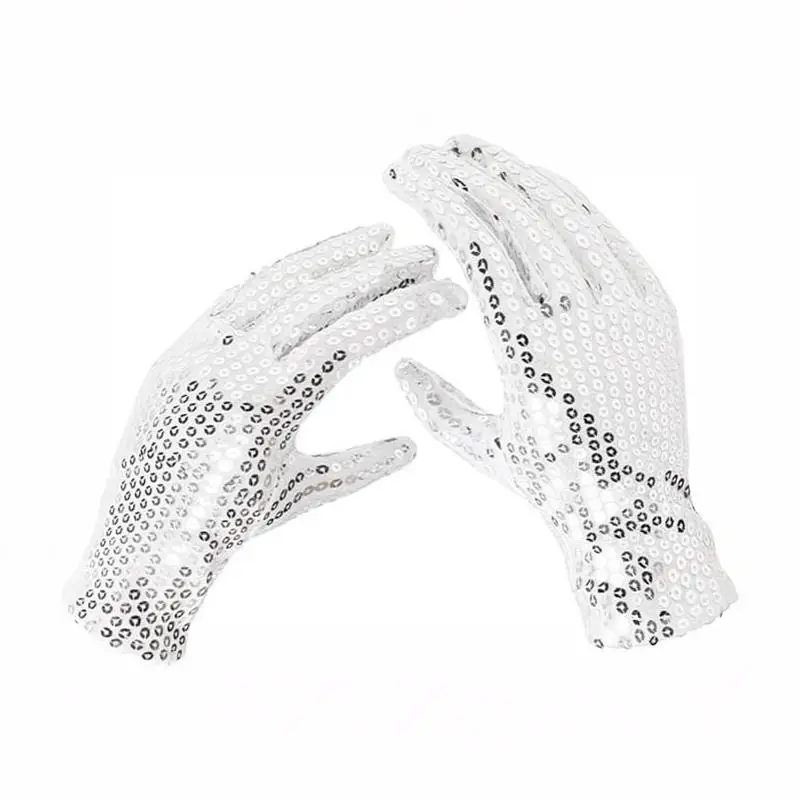 1 Paar glitzernde Tanzkostüm-Accessoires, silberfarbene, glänzende Netzhandschuhe für Bühnenauftritte, Partys, Halloween-Kostüme, Cosplay, Damen. – Detail 4