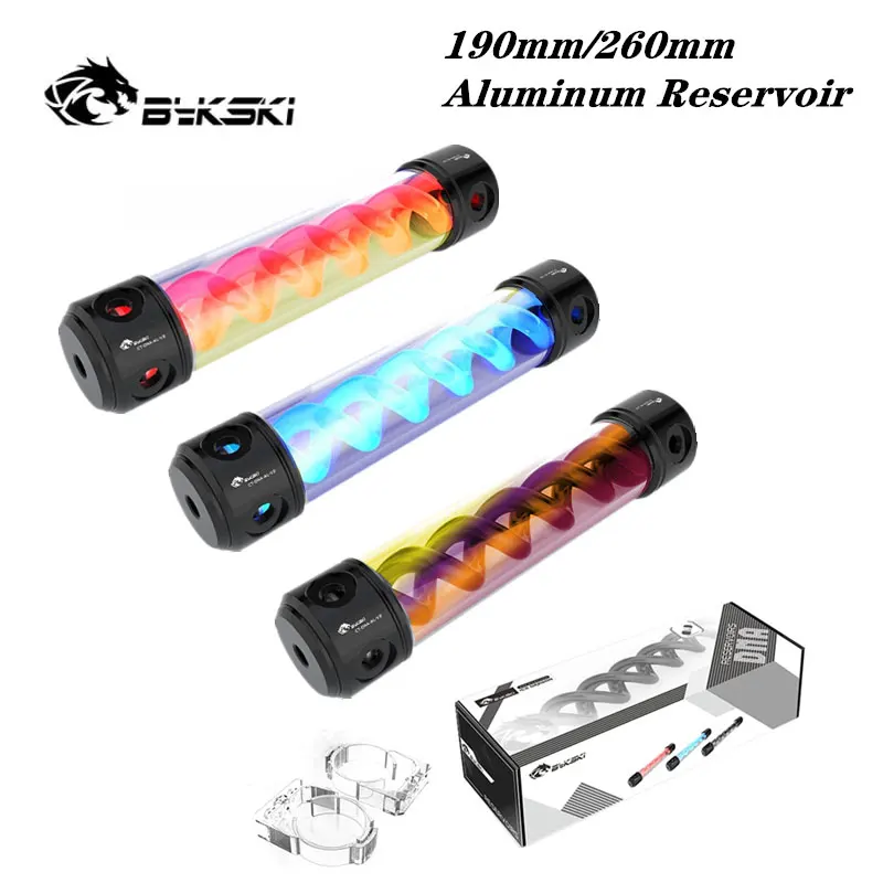 

Bykski T-Virus Reservoir Cylindrical Aluminum PC Water Cooling, Muti-Color Spiral Water Tank RGB 12V/5V, 190/260mm, CT-DNA-AL-V2