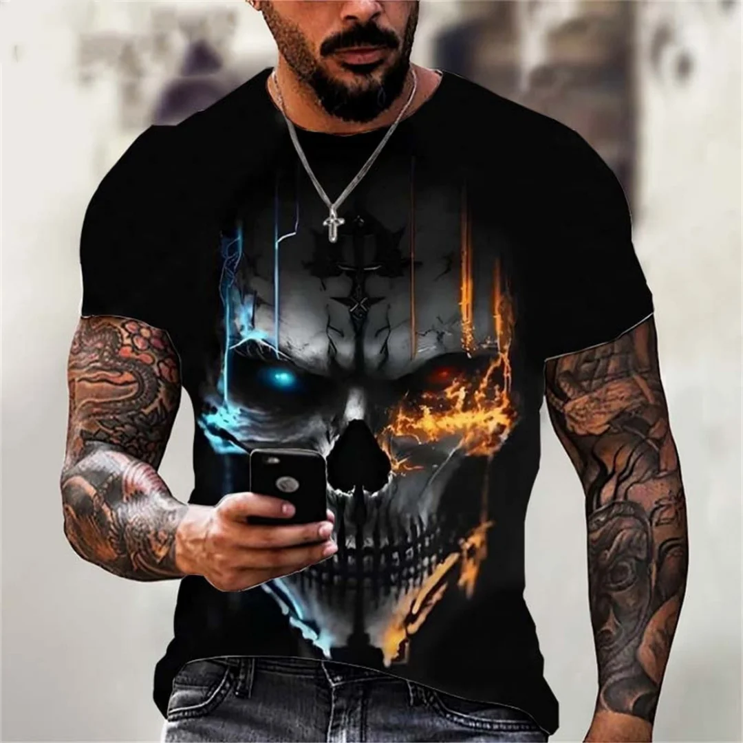 Novo 3d impresso t camisa masculina verão vintage crânio impressão topos diabo manga curta moda o pescoço rua camisas de grandes dimensões dos homens