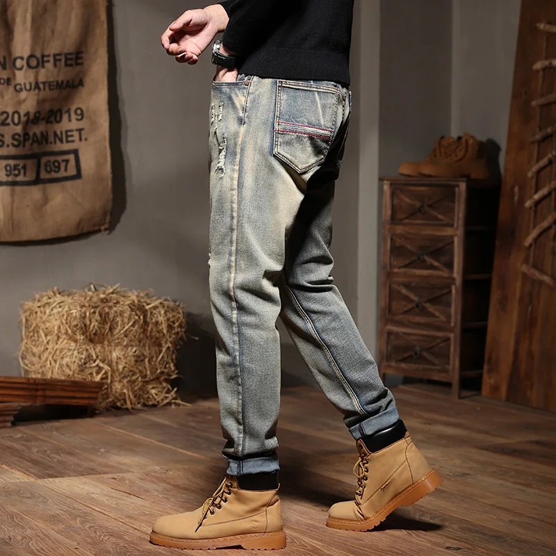 New autumn and winter models Retro nostalgic jeans men Fashionable large size ripped jeans men's style Large size 28-44