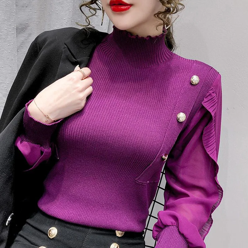 2023 Autumn Winter New Solid Color Half High Collar Long Sleeve Sweater Women Slim Button Lace Patchwork All-match Pullovers