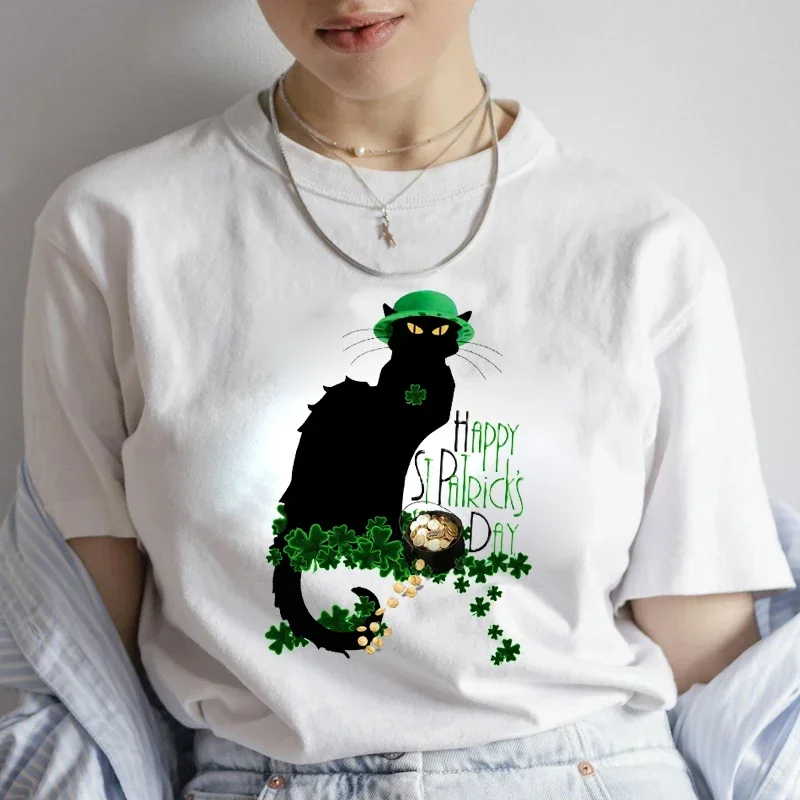 Fashion Tops Black Cat Female Tee Shirt Le Chat Noir Graphic T-Shirt for Women St Patrick's Day Print T-shirts Casual Streetwear