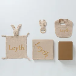 Personalized Name Muslin Cotton Baby Blanket + Baby Comforter Towels +Baby Teether +Baby Bibs Newborn Gift Sets 4pcs/Set