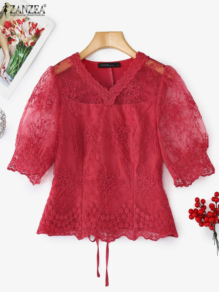 

ZANZEA Women Hollow Out Tops Summer Lace Blouse Vintage Floral Blusas Half Sleeve Elegant Tunic 2025 Casual Transparent Pullover
