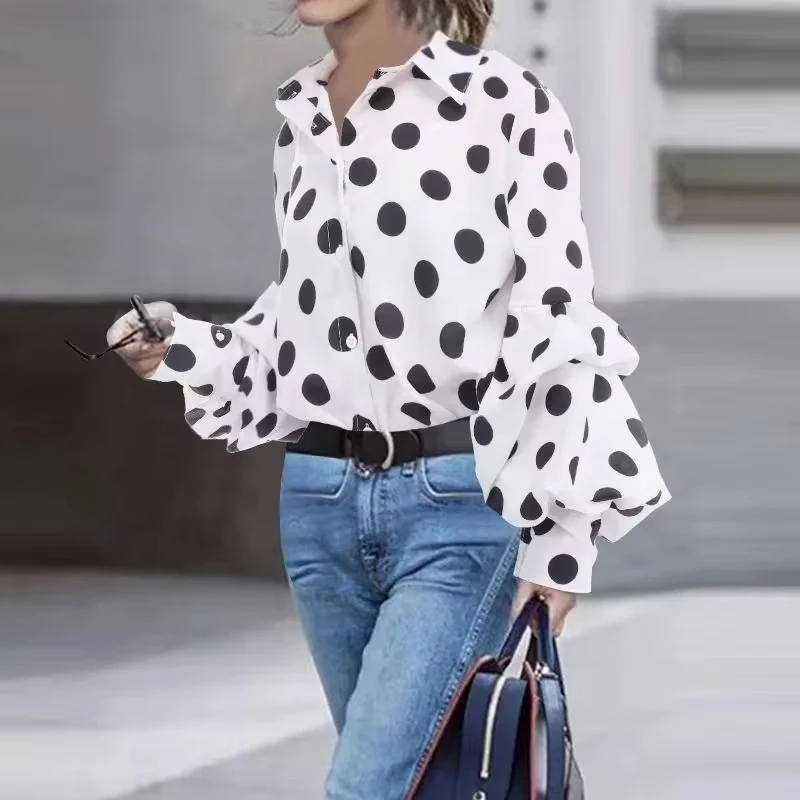 Fashion Polo-neck Polka Dot Long Sleeve Blouse Elegant Autumn Office Lady Shirt Casual Loose Tops Women\'s Clothes Blusas 18308