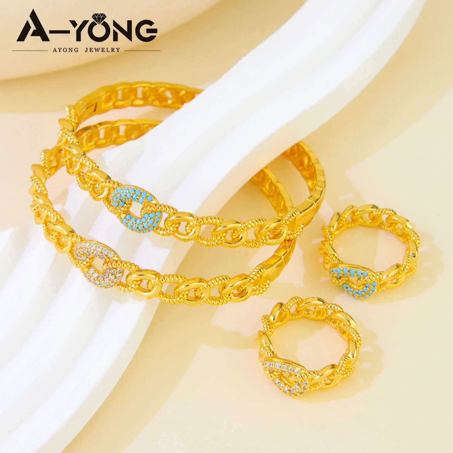 Fashion Dubai Gold Plated Bracelet Ring Set 21k Gold Color Italian Zircon Cuff Bangles Arab Luxury Women Event Party Jewelry
