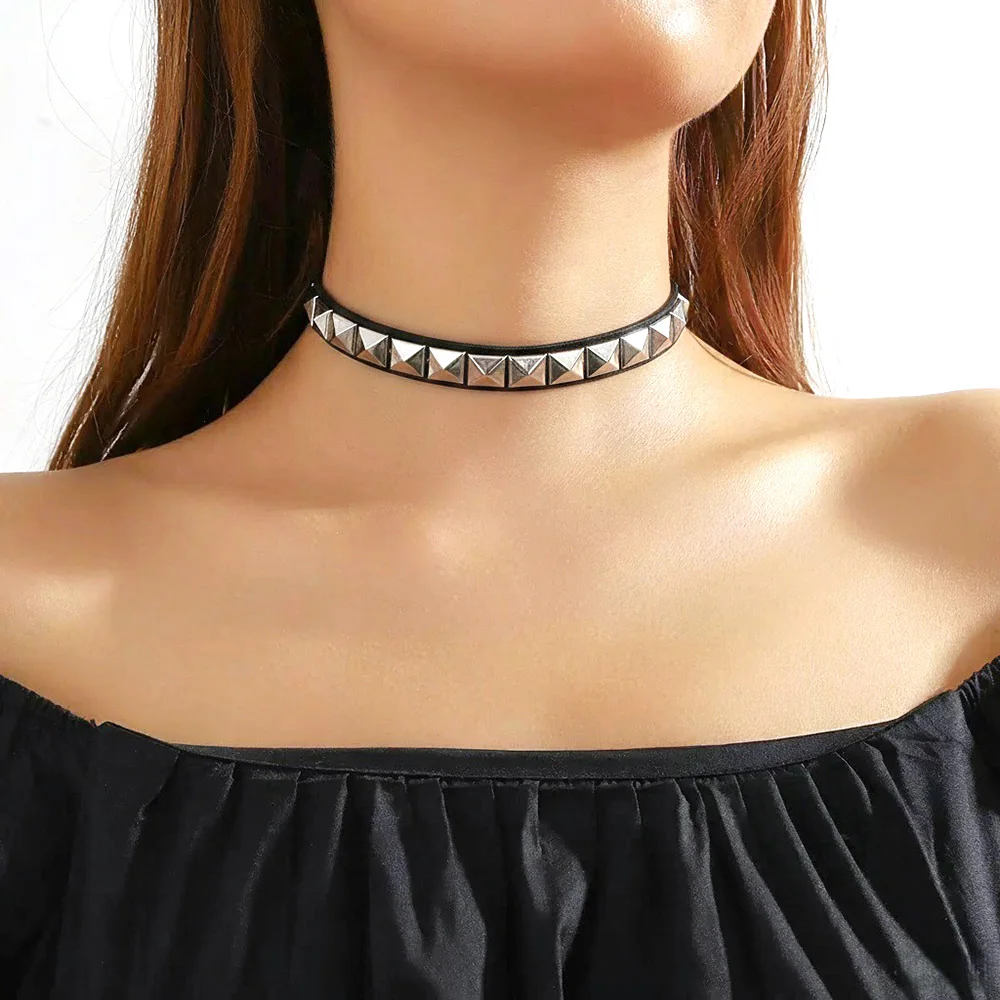 Schwarz PU Leder Quadrat Nieten Gothic Punk Colliers Kragen Choker Halskette für Goth Sexy Frauen Mädchen Cosplay Partei Schmuck – Detail 1