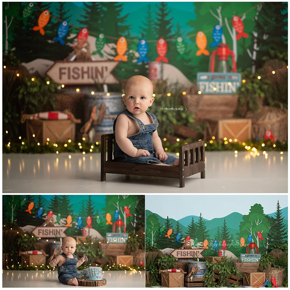 

Hooked On Fishing Camp Photo Background Boy Birthday Cake Smash Photography Backdrop Kids Portrait Photo Studio Props