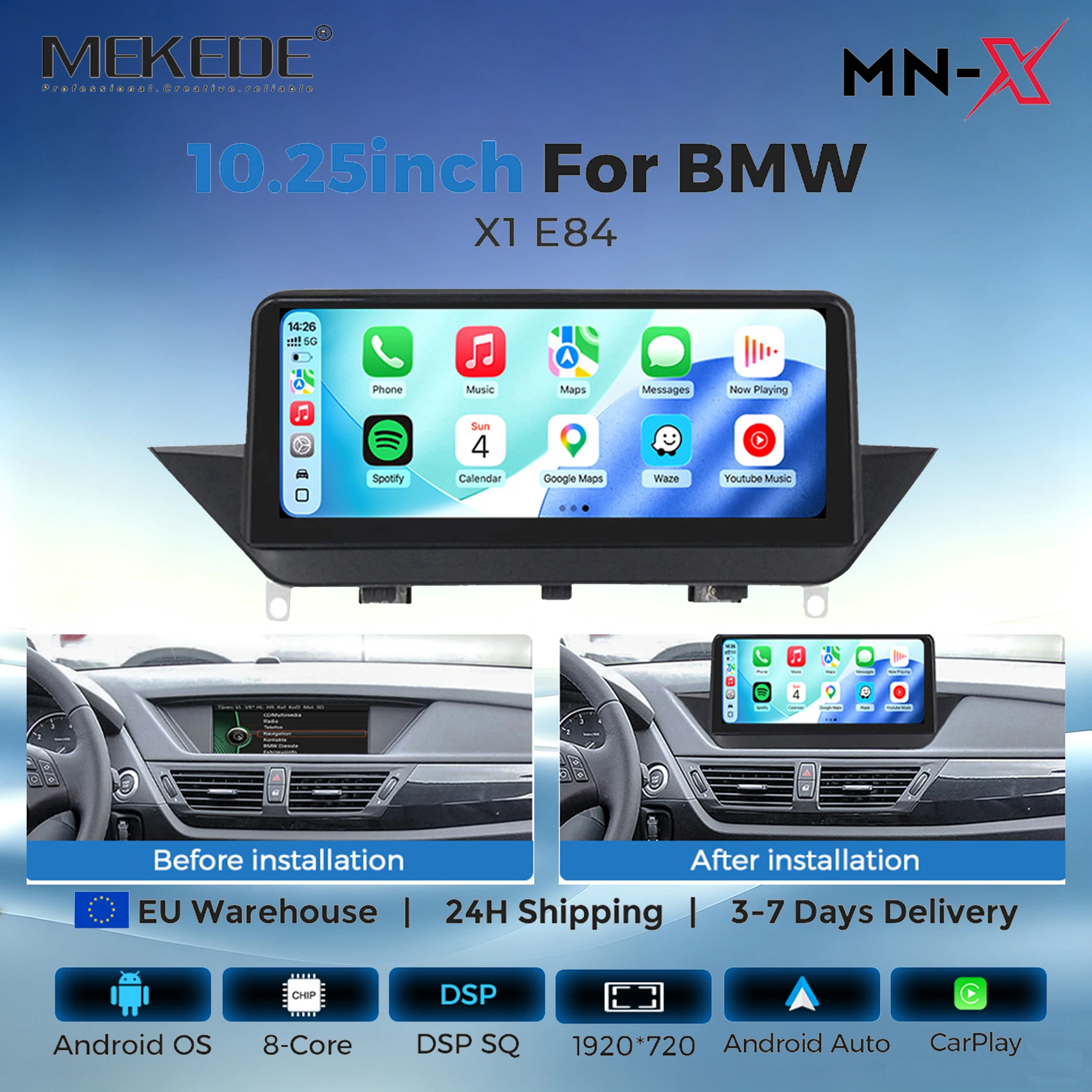 MEKEDE 6G 128GB Carplay sans fil Android Auto, écran multimédia pour voiture de 10,25 pouces, affichage 1920*720 pour BMW X1 E84 2009 - 2015, système iDrive CIC, autoradio, navigation GPS, BT 4G, SIM, Wifi, 2 din, lecteur vidéo, stéréo, lecteur audio, FM, AM, SWC, commande au volant