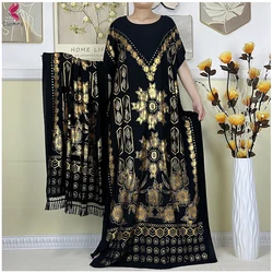 Vestido de manga corta para mujer, ropa Abaya africana, estampado dorado, suelto, bufanda grande, Boubou Maxi Islam, verano, nuevo estilo
