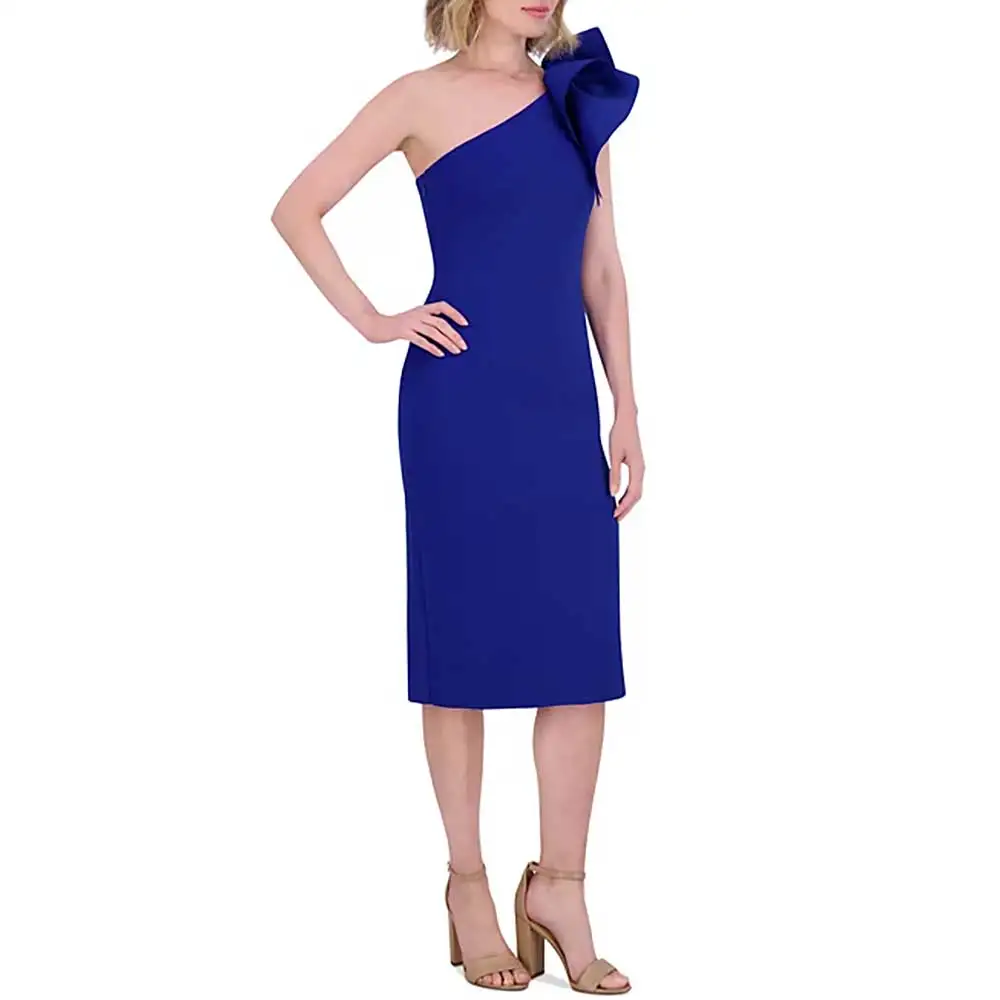 

Elegant Mother of the Bride Dress Single Shoulder Ruffled Hem Sleeveless Straight Midi Party Gown for Women Wedding Guest Outfit