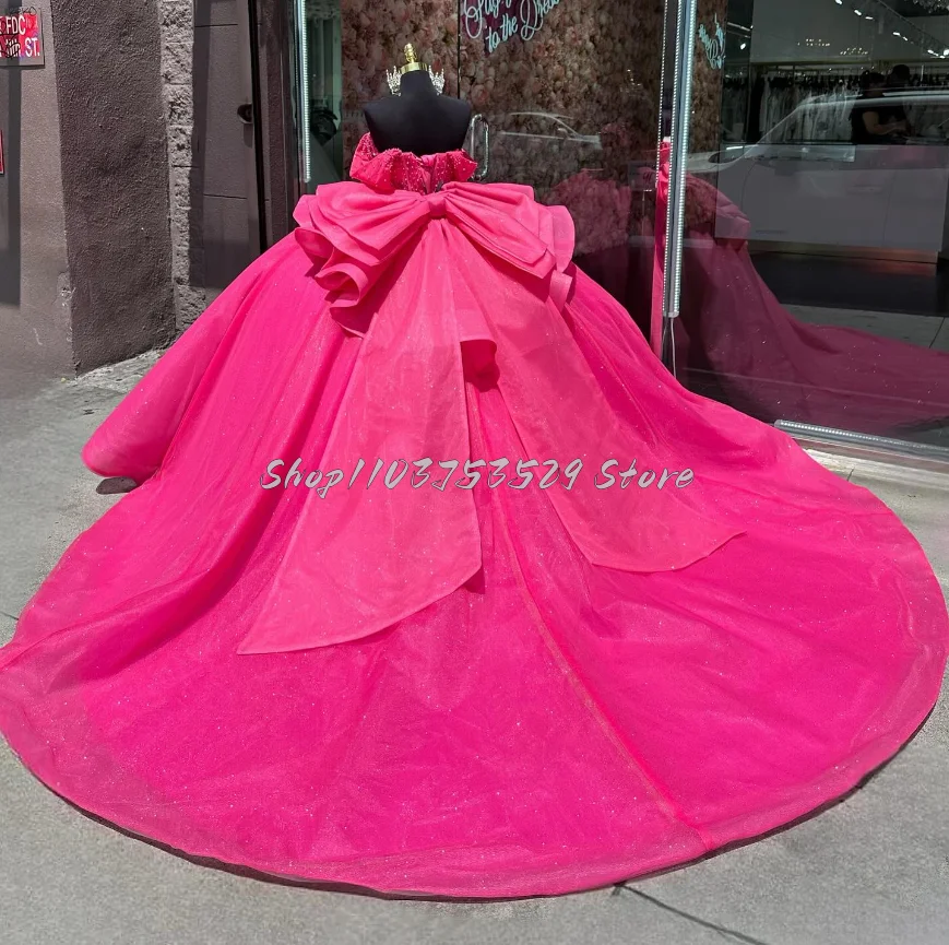 Gorgeous Rose Sweetheart 15 Quinceanera Dresses Sparkling Beaded Card Shoulder Tie Bow Tulle Romantic Puffy Dresses