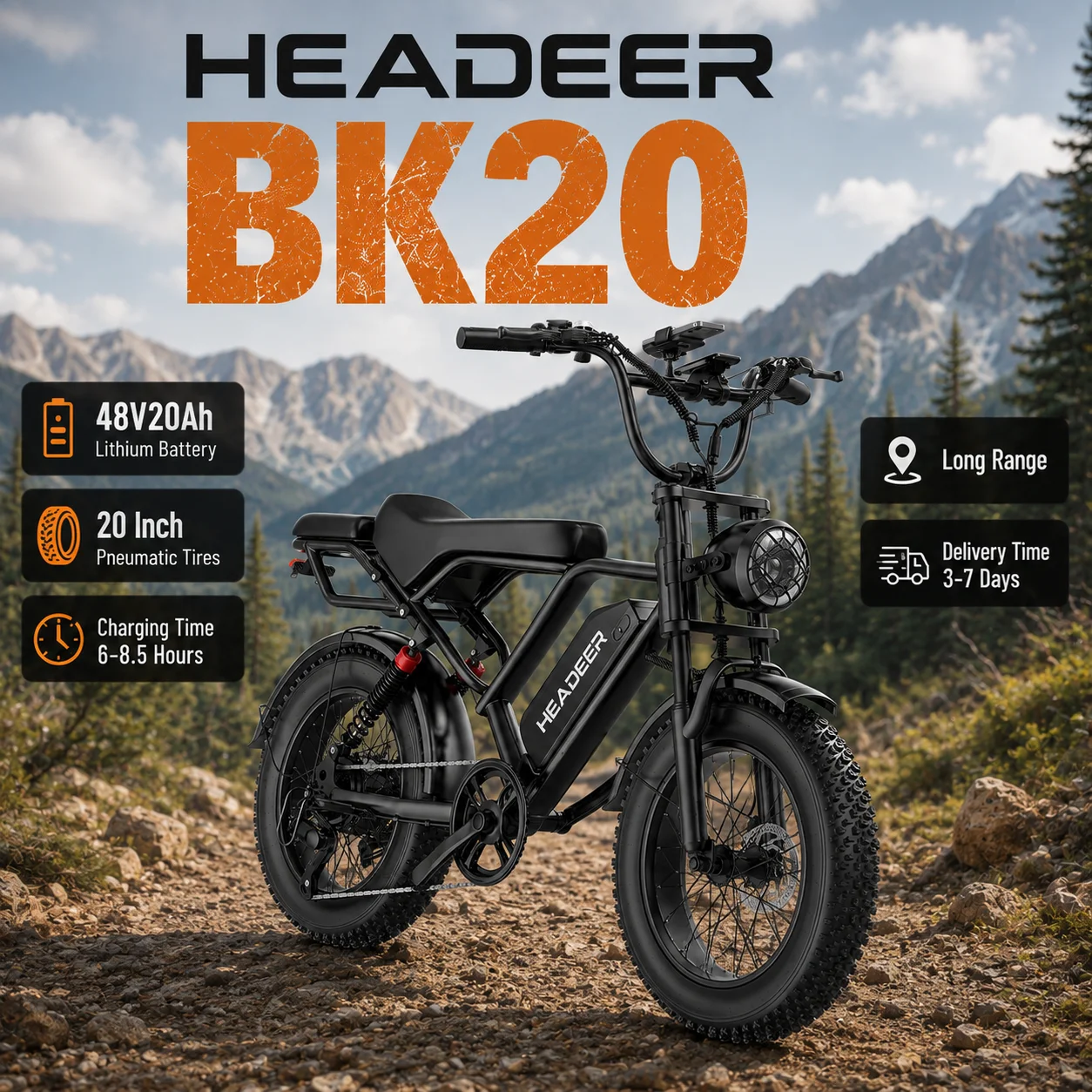 HEADEER BK20 Vélo électrique tout-terrain pour adultes, batterie au lithium 48V 20Ah, pneus larges 20"×4.0, système de freinage à double disque mécani