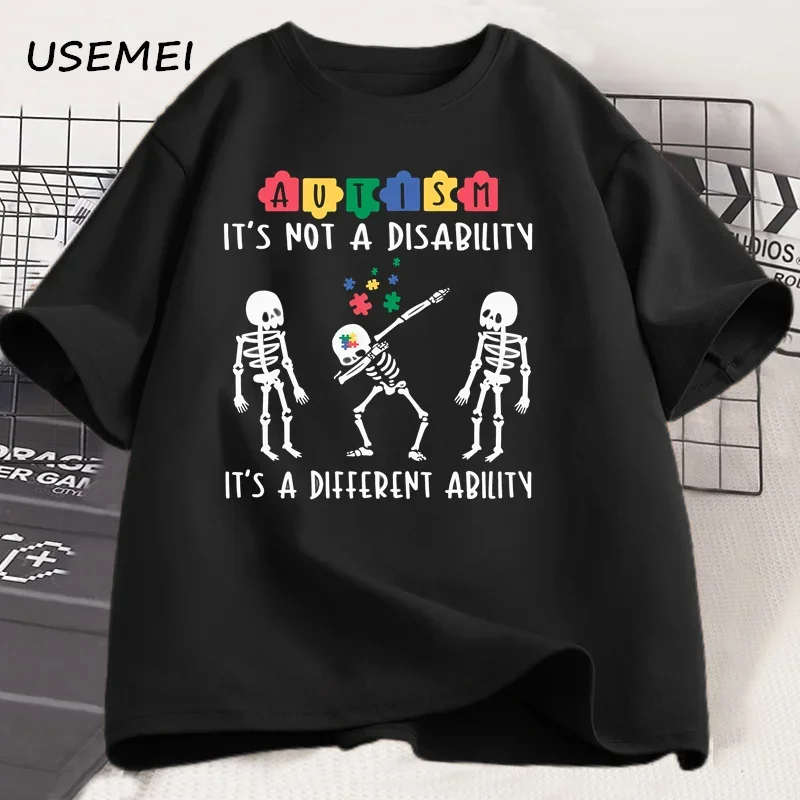 Men's T Shirt Autism Its Not A Disability Its A Different Ability T-shirt Funny Skeleton Autism Puzzles Tshirt Cotton Tees